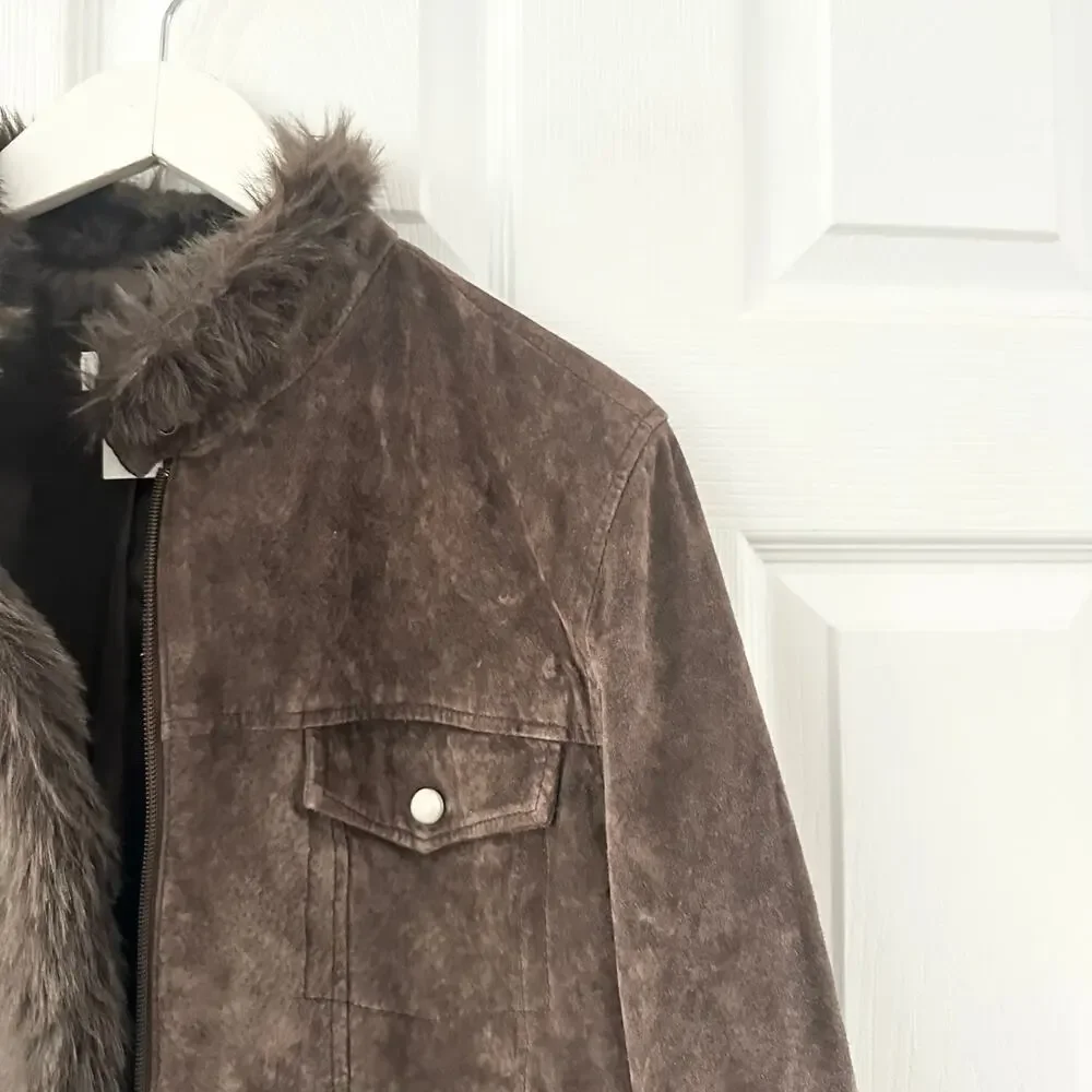 Coldwater Creek Chocolate Brown Suede Fur Trim Zip Trucker Jacket Y2K Vintage L - Picture 4 of 9